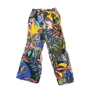 Cynthia Rowley 100% Linen Cropped Wide Leg Pants Bold Tropical Print Size Small